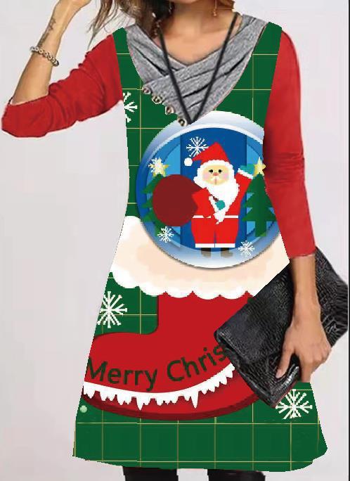 Women's Christmas Printed Long Sleeve Pullover Dress